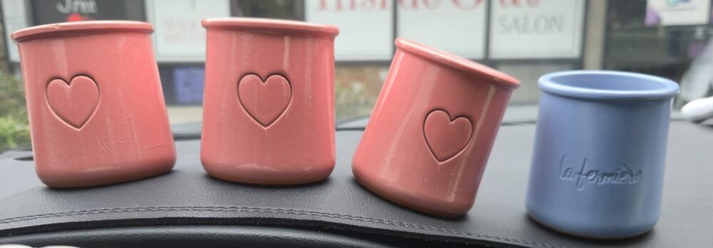 Handmade Vermont & Ole Keramik Pottery Cups Lot of 4 Pink Blue Heart Crocks